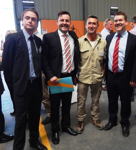 Shadow Treasurer Scott Bacon, Workskills Marketing Manager Rorie Auld, Workskills Employment Skills Trainer Martin Killick and Minister for State Growth, Matthew Groom at the Workskills Red Shed official opening
