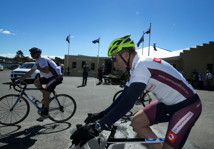 PHOTO: Geoff Robson -Prime Minister Tony Abbott leaves Exeter RSL Club on the next leg of the Pollie Pedal - courtesy of The Examiner