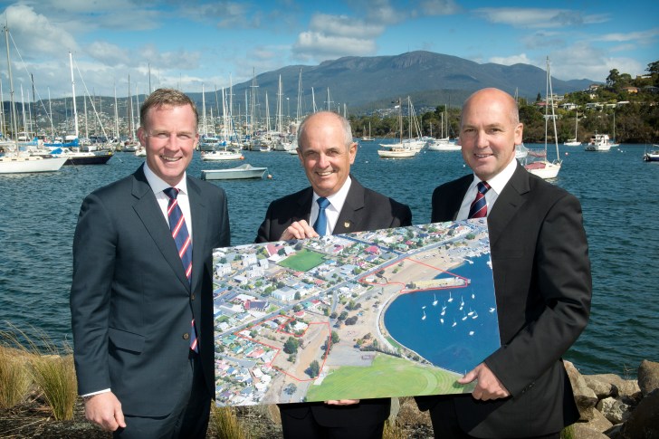 Premier Will Hodgman, Mayor Doug Chipman and Senator Stephen Parry at Kangaroo Bay