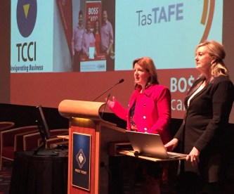 BO$$ camp’s VIP Boss,Wendy Perry launches BO$$ camp at the TCCI Skills Forum alongside TasTAFE’s general manager operations, organisational and business development Gail Eaton-Briggs.